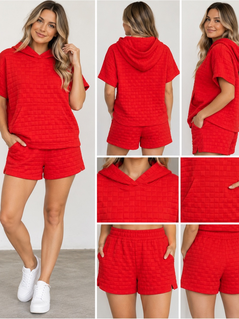 Heyson Cherry Red Quilted Hooded Short Set